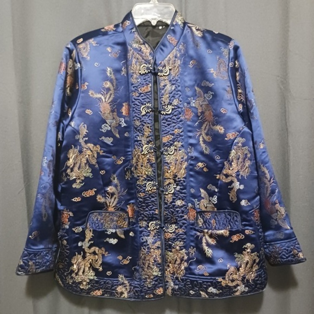 Satin Asian Dragon Phoenix Embroidered Jacket Frog Button Quilted Coat us size10
